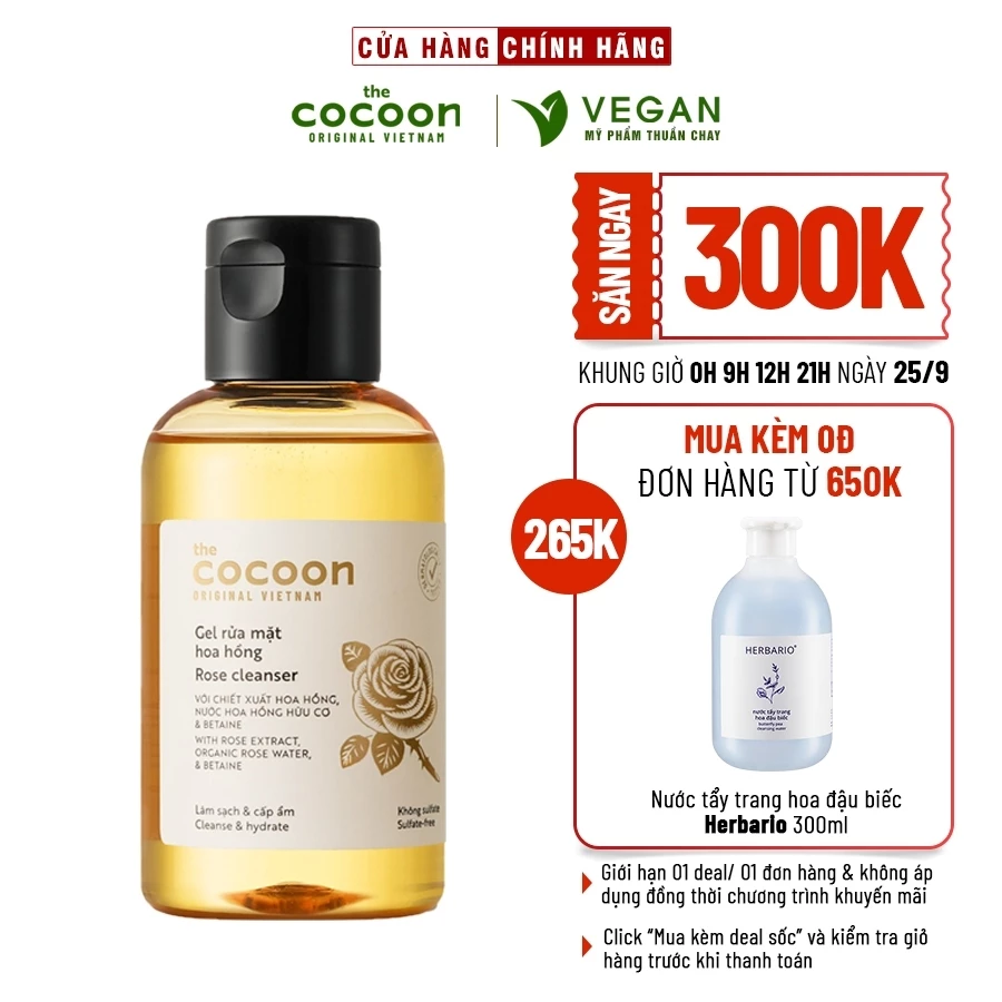 Gel rửa mặt hoa hồng cocoon 140ml (rose cleanser) - VEGAN - Mỹ phẩm thuần chay