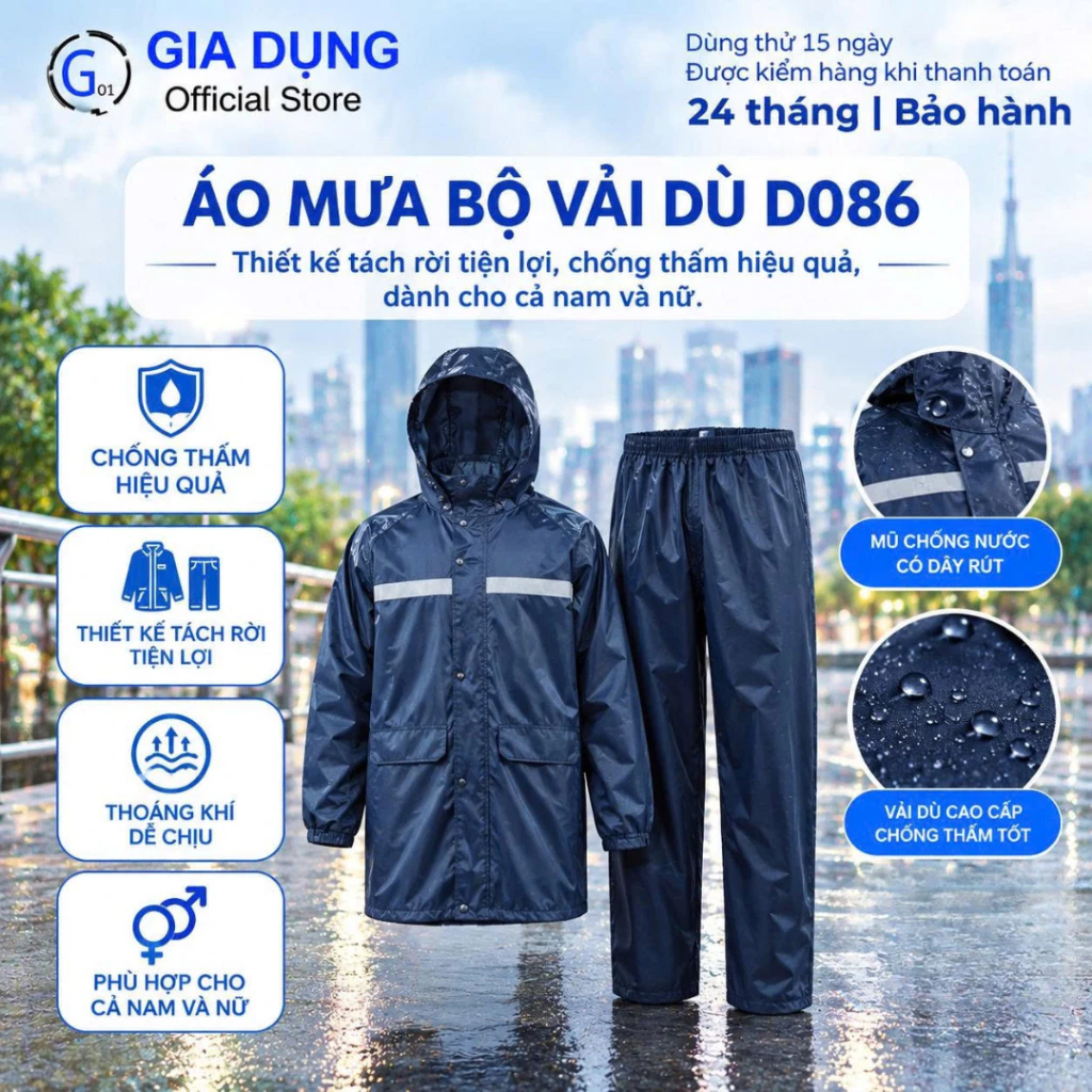Áo mưa bộ vải dù D086, thiết kế tách rời tiện lợi, chống thấm hiệu quả, dành cho cả nam và nữ