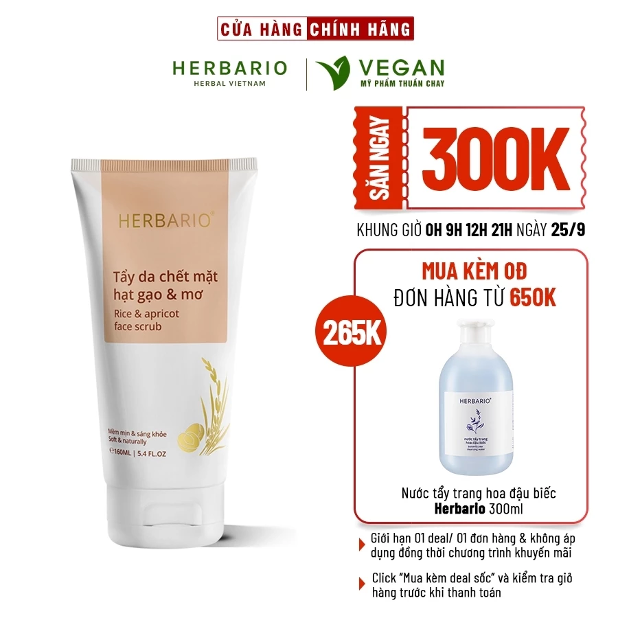 Tẩy da chết mặt hạt gạo & mơ Herbario 160ml thuần chay