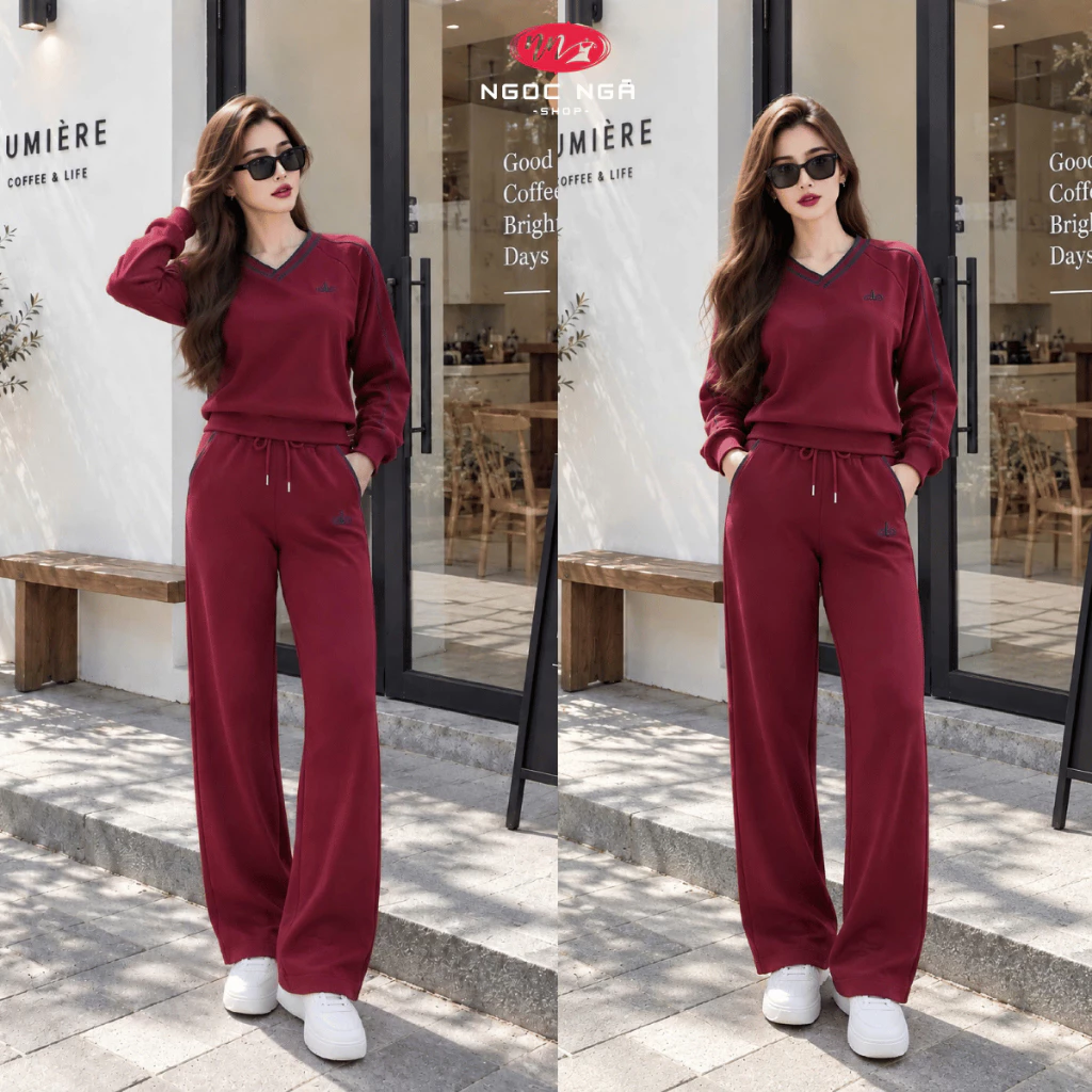 Bộ Nỉ Nữ Áo Nỉ Cổ V Quần Suông Dài Rộng Vải Nỉ Mềm Ấm Thu Đông 8608