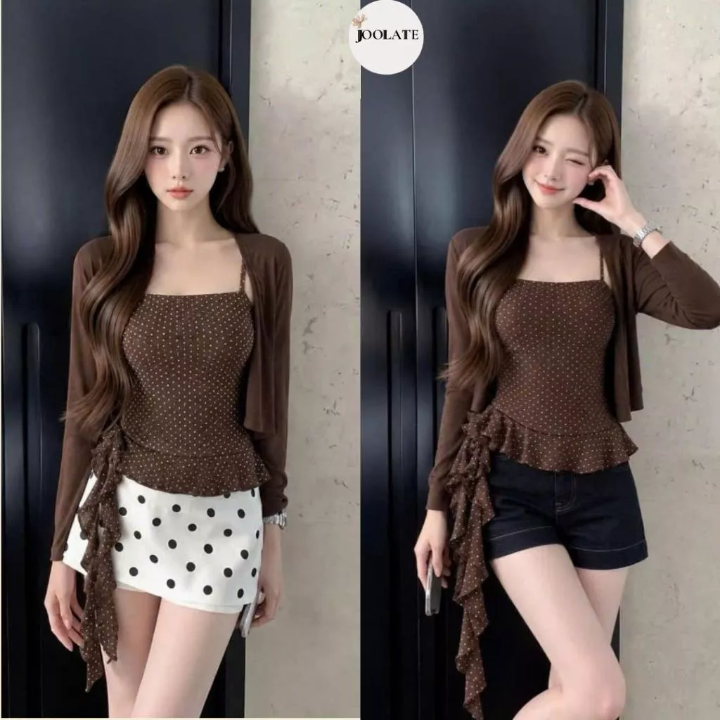 Set 2 Món Cardigan Tay Dài Kèm Áo Hai Dây Chấm Bi Thiết Kế Bèo Tua Rua Cách Điệu Thu Đông Joolate Set1019