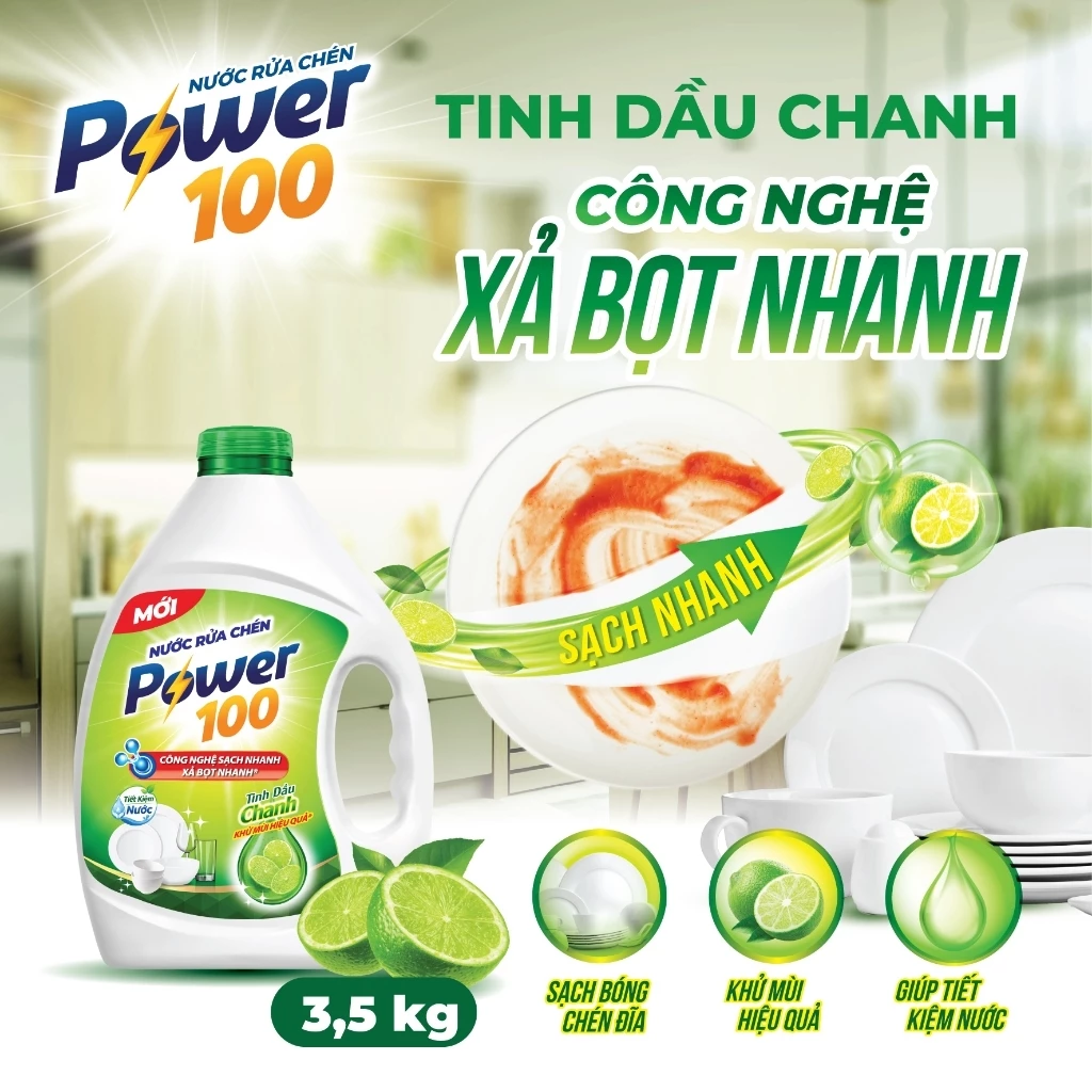 Nước rửa chén POWER100 Tinh dầu chanh 3.5KG