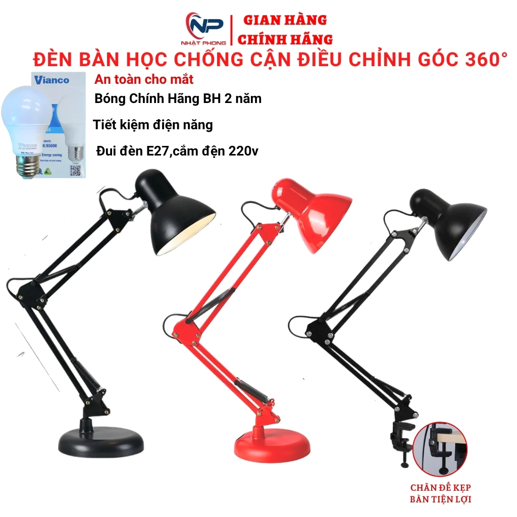Đèn học để Bàn, đèn học chống cận bảo vệ mắt sử dụng đế để bàn hoặc kẹp bàn,đuôi đèn E27 thông dụng bảo hành 2 năm