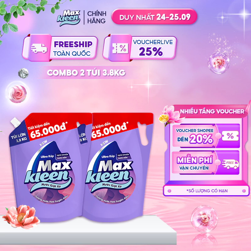 Combo 2 Túi Nước Giặt Xả MaxKleen Hương Nước Hoa Huyền Diệu 3.8kg/Túi