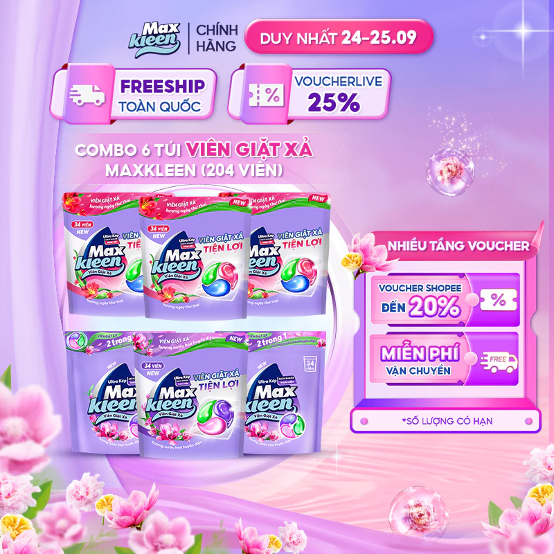 Combo 6 Túi Viên Giặt Xả MaxKleen Hương Nước Hoa Huyền Diệu/ Ngày Thư Thái (34 viên/túi)