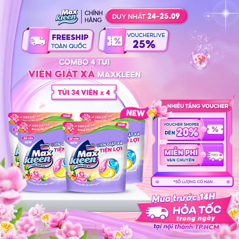 [Mới] Combo 4 Túi Viên Giặt Xả MaxKleen Hương Dấu Ấn Ngọt Ngào (34 viên/Túi)