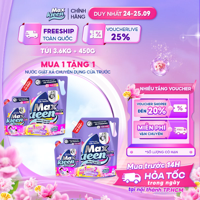 [MUA 1 TẶNG 1] Túi Nước Giặt Xả MaxKleen chuyên dụng Cửa Trước 3.6kg tặng 1 túi nước giặt 450gram mùi ngẫu nhiên