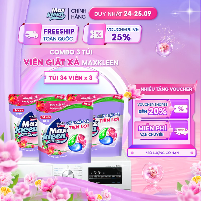 Combo 3 Túi Viên Giặt Xả MaxKleen hương ngày thư thái (34 viên/túi)