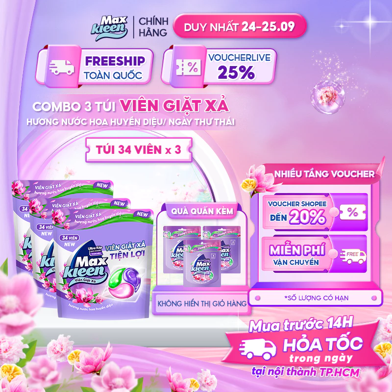 [TẶNG 12 VIÊN] Combo 3 Túi Viên Giặt Xả MaxKleen Hương Ngẫu Nhiên (Túi 34+4 Viên)