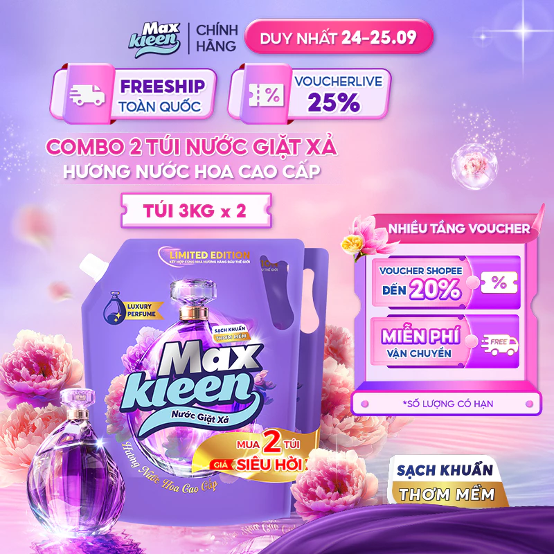 [LIVE] Combo 2 túi Nước giặt xả MaxKleen giữ màu tươi mới Hương Khu Vườn Tuyệt Sắc 3kg x 2