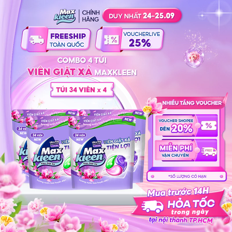 Combo 4 Túi Viên Giặt Xả MaxKleen Hương Nước Hoa Huyền Diệu (34 viên/túi)