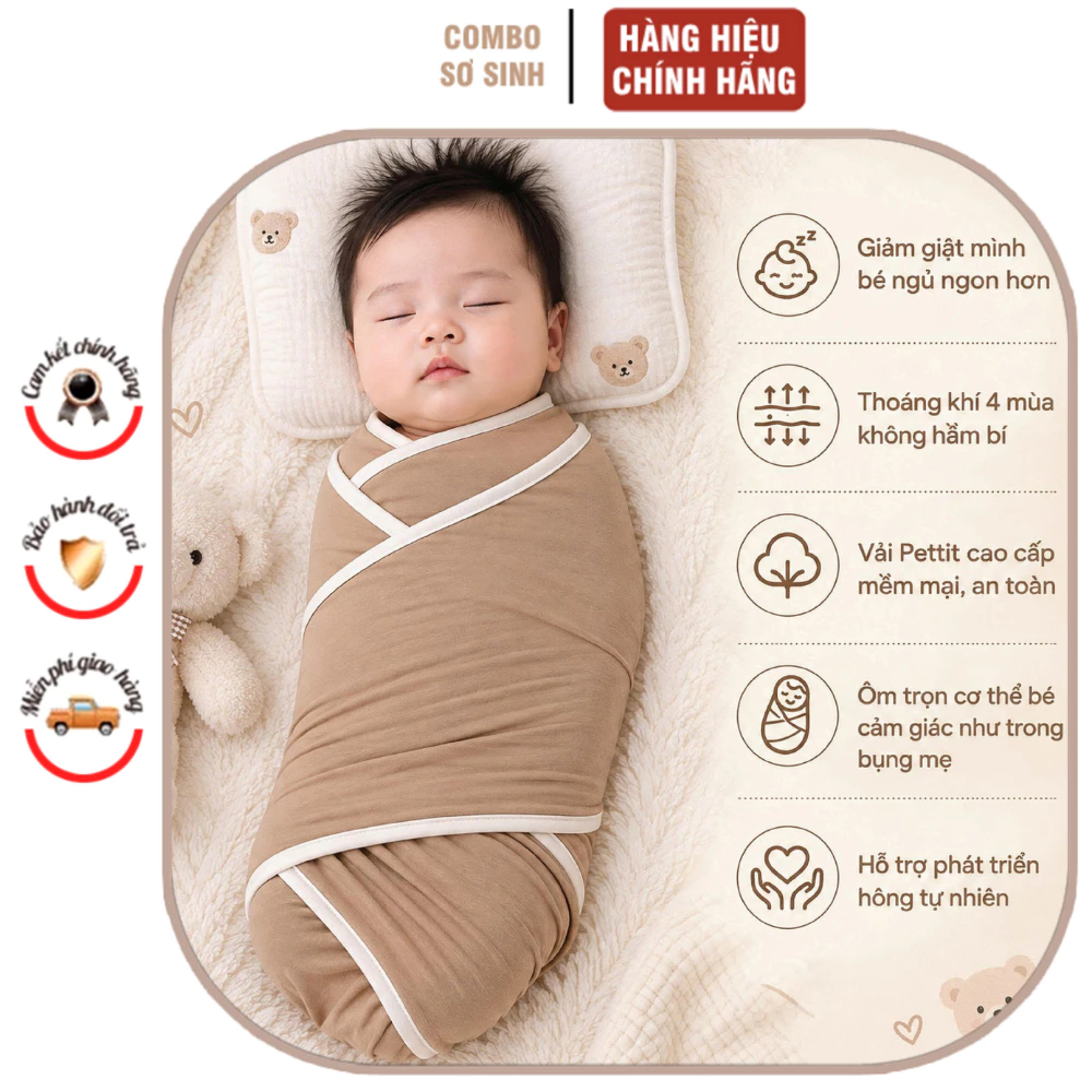 Quấn chống giật mình cho bé, chất liệu vải thở, vải petit siêu thoáng mát giúp bé ngủ ngon yên giấc