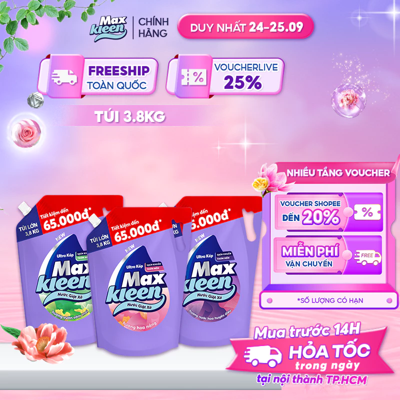 Túi Nước Giặt Xả MaxKleen 3.8kg Hương Nước hoa huyền diệu/ Hoa nắng/ Vườn sớm mai