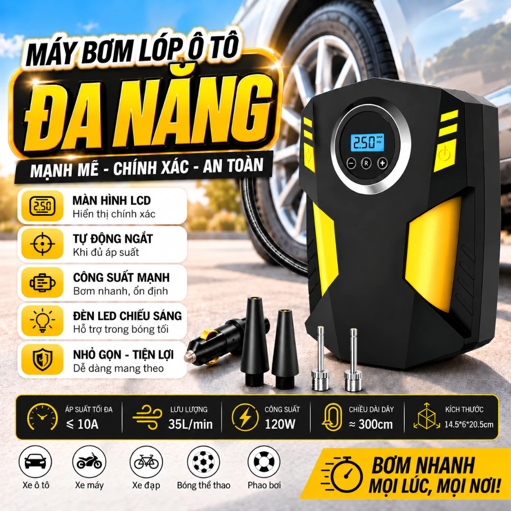 Máy Bơm Lốp Ô Tô Mini 120W Tự Ngắt Bơm Nhanh, Màn Hình LCD, Dùng Cho Ô Tô, Xe Máy, Xe Đạp