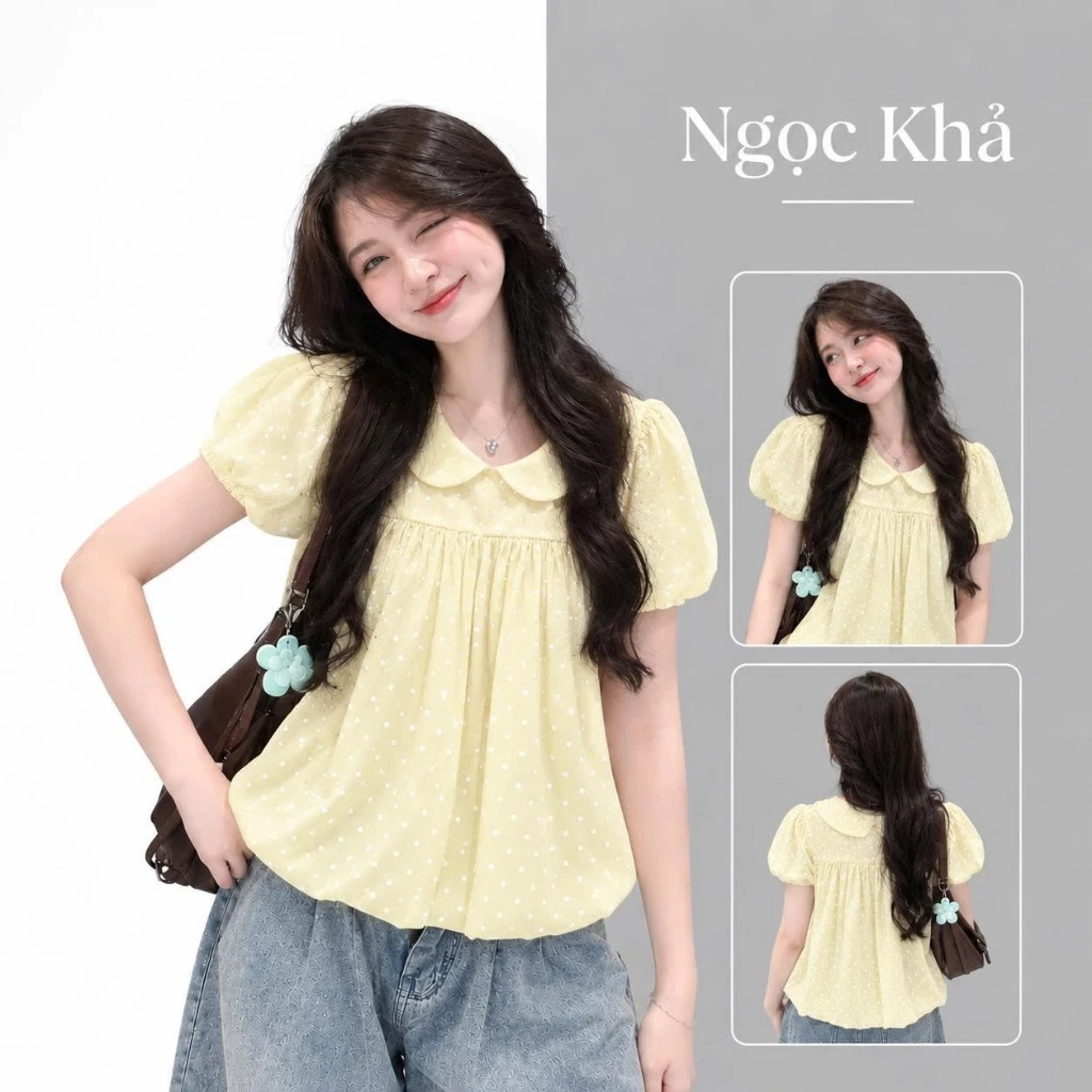 Áo Bí Chấm Bi Nữ Cổ Sen Tay Phồng Dáng Vừa Thanh Lịch Dễ Phối Đồ