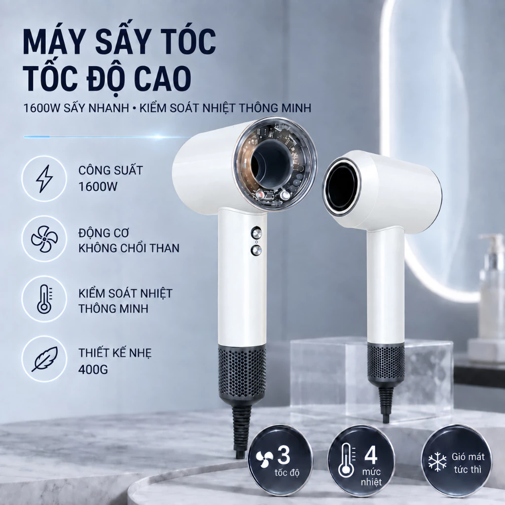 Máy Sấy Tóc 1600W Công Suất Mạnh 3 Tốc Độ 4 Mức Nhiệt 400G, Kiểm Soát Nhiệt Thông Minh, Thiết Kế Nhẹ Gọn