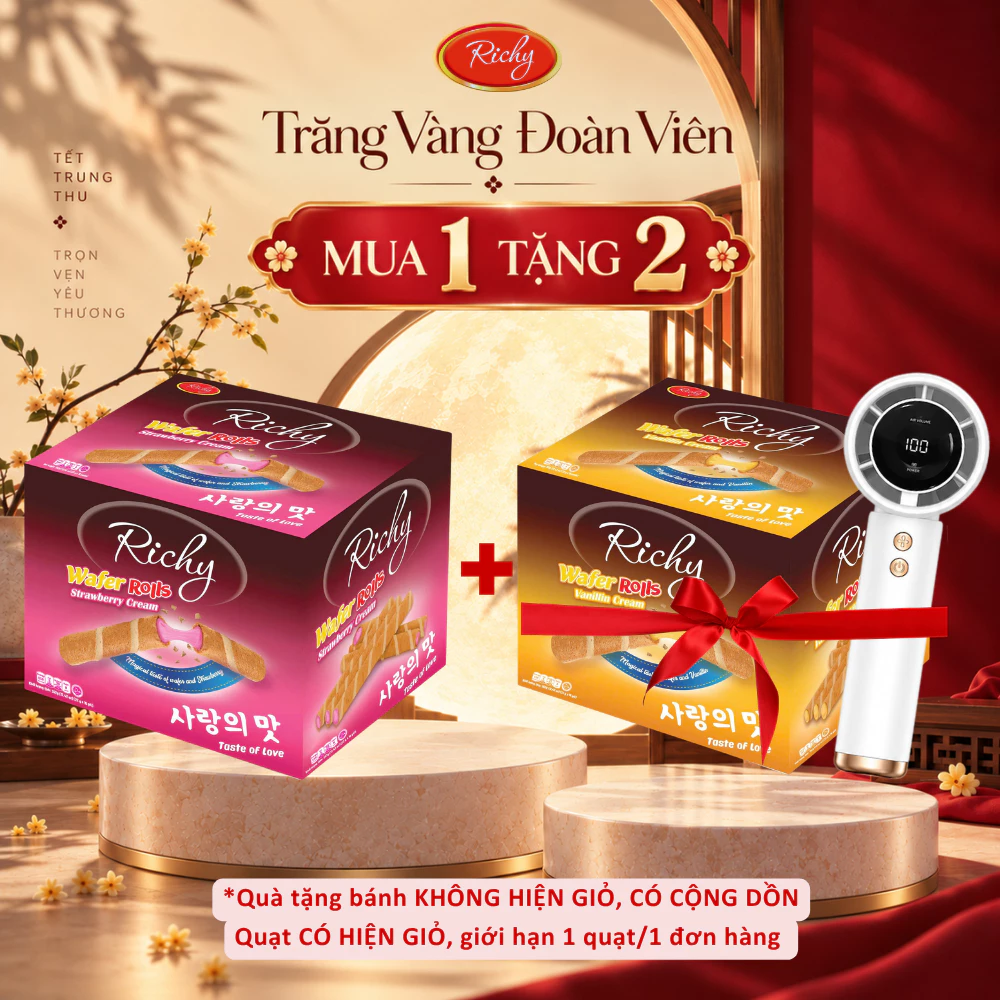 [GIAO NHANH] [MUA 1 TẶNG 2!!!] Hộp Bánh Quế Richy 352g (16 túi) Nhân Kem Các Vị: Socola,Dâu & Vani Ăn Vặt Tiện Lợi