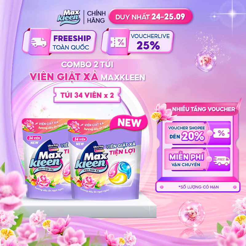 [Mới] Combo 2 Túi Viên Giặt Xả MaxKleen Hương Dấu Ấn Ngọt Ngào (34 viên/Túi)
