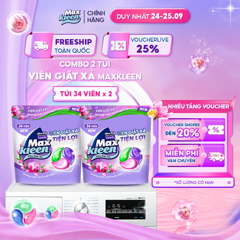 Combo 2 Túi Viên Giặt Xả MaxKleen Hương Nước Hoa Huyền Diệu (34 Viên/Túi)