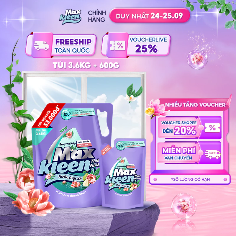 Combo Túi Nước Giặt Xả Thiên Nhiên 3.6kg + Túi Nước Giặt Xả 600g MaxKleen (ngẫu nhiên)