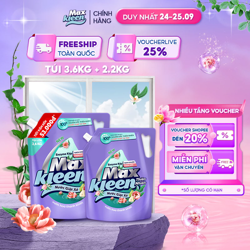 Combo 2 Túi Nước Giặt Xả MaxKleen Thiên nhiên 3.6kg + 2.2kg