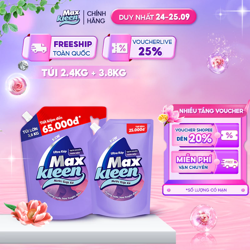 Combo 2 Túi Nước Giặt Xả MaxKleen Hương Huyền Diệu 3.8kg + 2.4kg