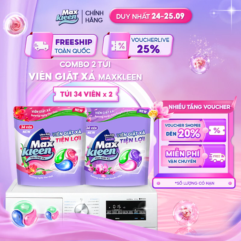Combo 2 Túi Viên Giặt Xả MaxKleen Hương Ngày Thư Thái + Nước Hoa Huyền Diệu (34 viên/túi)