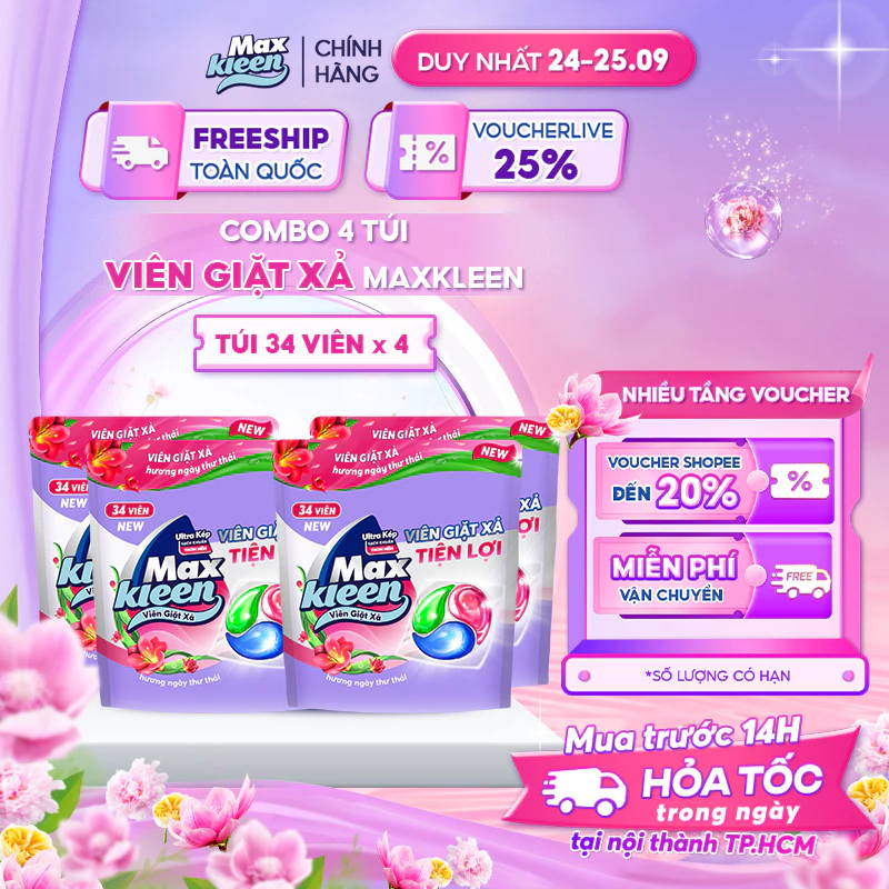 Combo 4 Túi Viên Giặt Xả MaxKleen Hương Ngày Thư Thái (34 viên/túi)