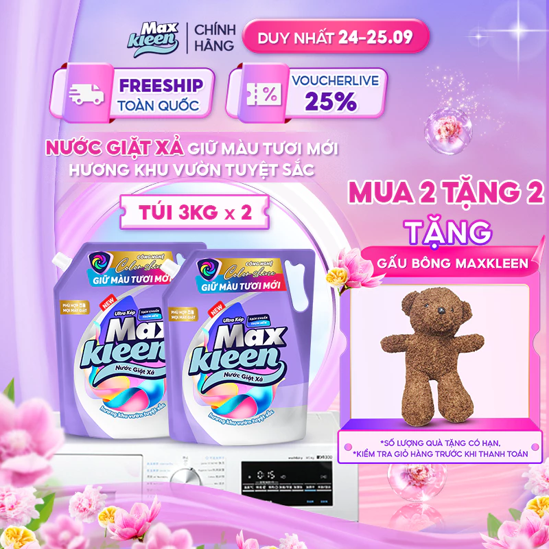 [Mới] Combo 2 Túi Nước Giặt Xả MaxKleen Giữ Màu Tươi Mới Hương Khu Vườn Tuyệt Sắc 3kg/Túi