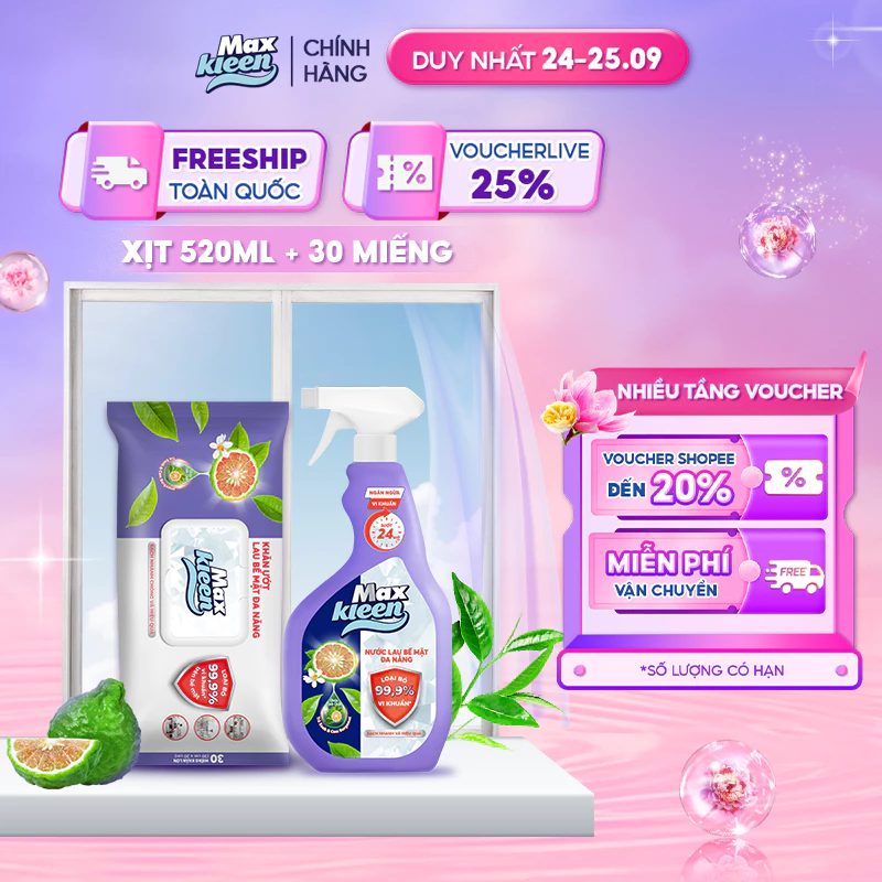 Combo MaxKleen: Nước Lau Bề Mặt Đa Năng 520ml + Khăn Ướt Lau Bề Mặt Đa Năng 30 miếng