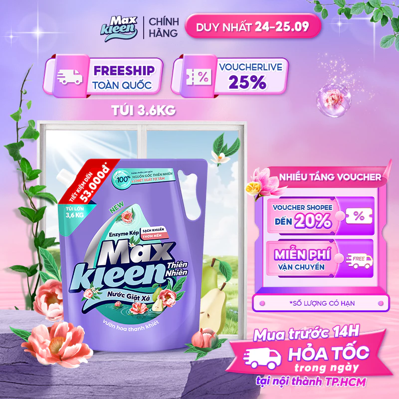 Túi Nước Giặt Xả MaxKleen Thiên Nhiên Vườn hoa thanh khiết 3.6kg