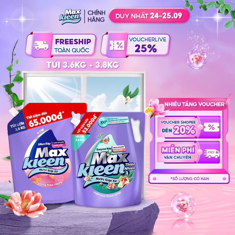 Combo 2 Túi nước giặt xả MaxKleen Thiên nhiên 3.6kg + Hoa nắng 3.8kg