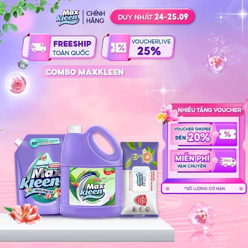 Combo Túi nước giặt xả thiên nhiên 3.6kg + Chai nước lau sàn ban mai 3.6kg + Khăn lau đa năng MaxKleen