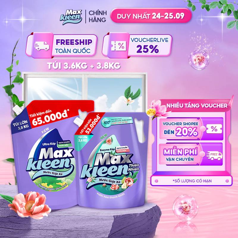 Combo 2 Túi nước giặt xả MaxKleen Thiên nhiên 3.6kg + Sớm mai 3.8kg