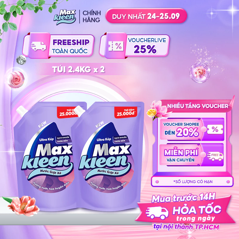 Combo 2 túi nước giặt xả Maxkleen 2.4kg:Huyền Diệu (new)