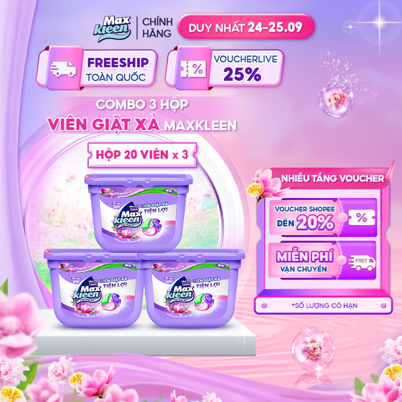 Combo 3 Hộp Viên Giặt Xả MaxKleen Hương Hương Nước Hoa Huyền Diệu (20 Viên/Hộp)