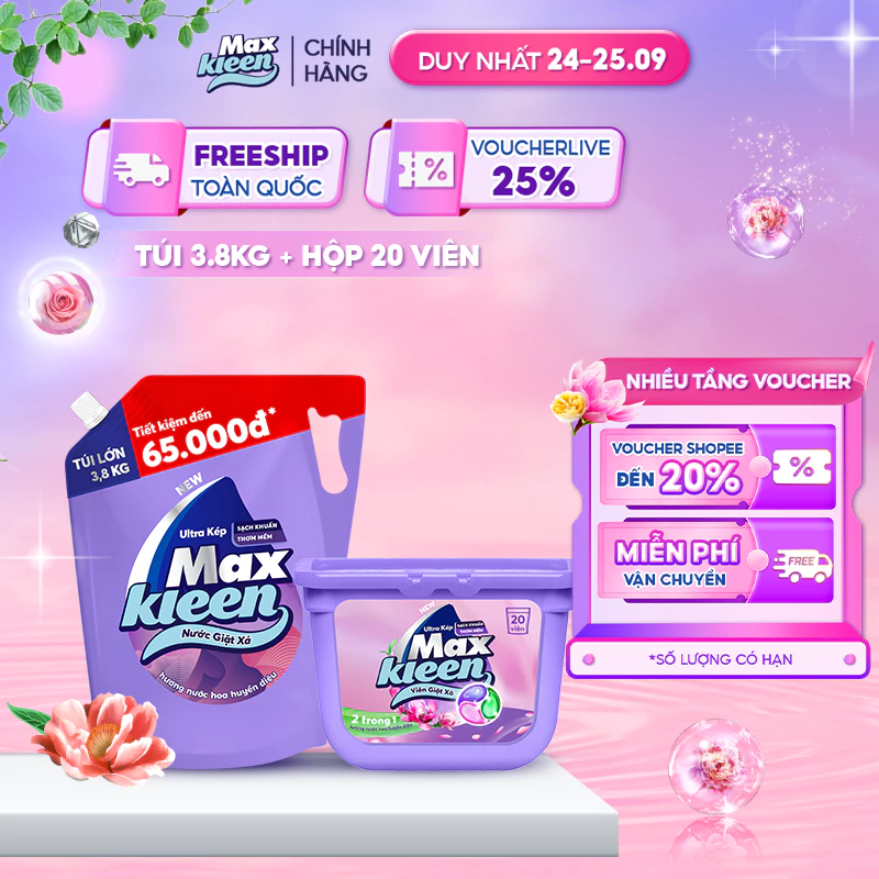 Combo Túi Nước Giặt Xả MaxKleen Huyền Diệu 3.8kg + Hộp Viên Giặt Xả Huyền Diệu (20 viên/hộp)