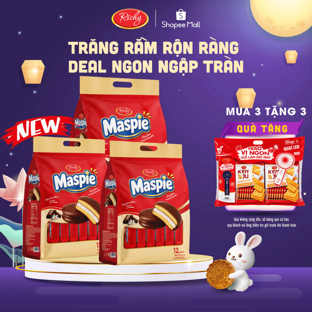 [NEW][MUA 3 TẶNG 3] COMBO 3 Bánh Pie Giòn Maspie Richy Nhân Marshmallow Phủ Chocolate 336g – 12 Gói