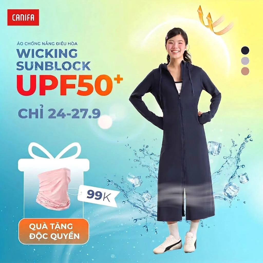 Áo chống nắng nữ dáng dài CANIFA thoáng khí thấm hút có mũ xẻ tà thắt eo chống UV 6OT26S004
