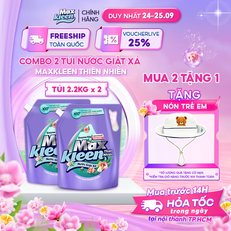 [Live] Combo 2 Túi Nước Giặt Xả MaxKleen Thiên Nhiên 2.2kg
