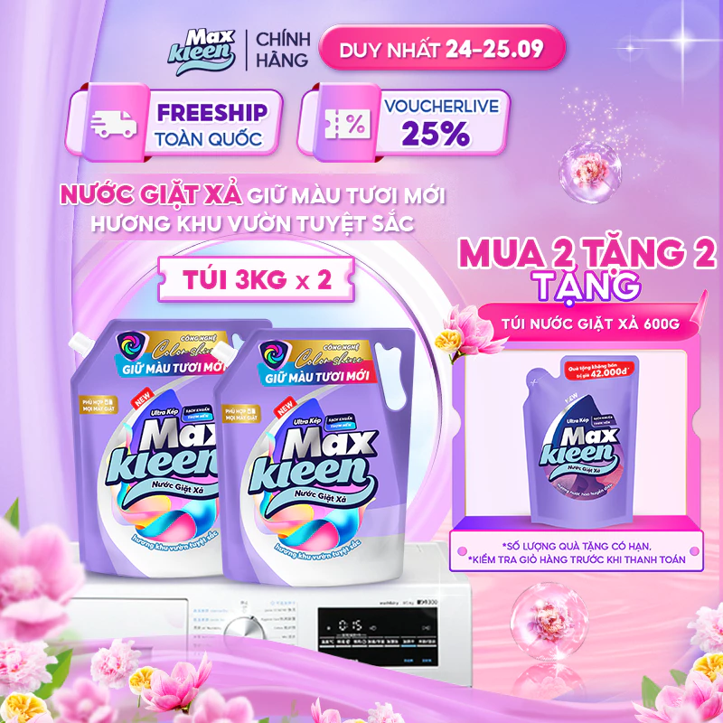 [Live New] Combo 2 Túi Nước Giặt Xả MaxKleen Giữ Màu Tươi Mới Hương Khu Vườn Tuyệt Sắc 3kg/Túi