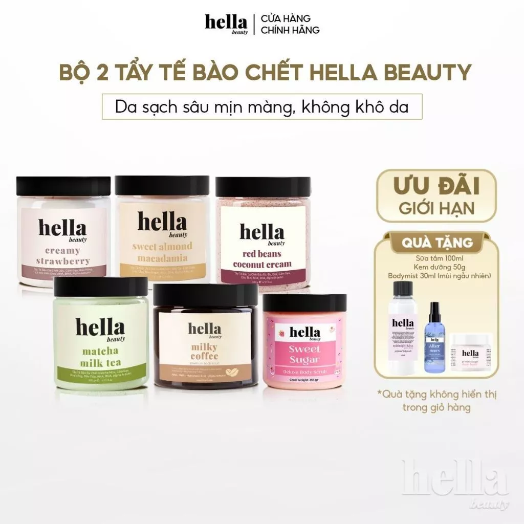 Bộ 2 tẩy tế bào chết body Hella Beauty giúp làm sạch sâu hỗ trợ dưỡng sáng da