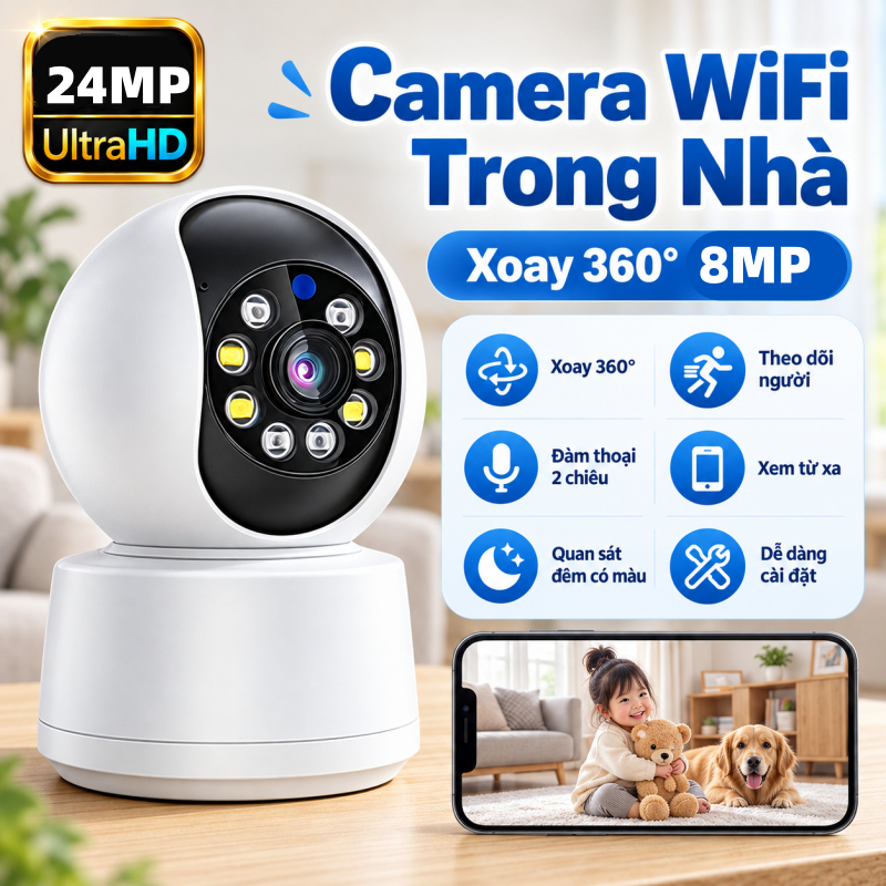 Camera WIFI CCTV trong nhà Full HD 24MP xoay 360 độ, xem đêm có màu