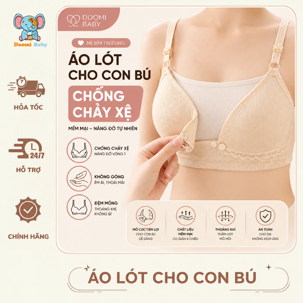 Áo Lót Cho Con B.ú| Áo Ngực CHỐNG CHẢY XỆ| HÀNG CHÍNH HÃNG | Mềm| Không Gọng| Đệm Mỏng -  Doomi Baby - HT709