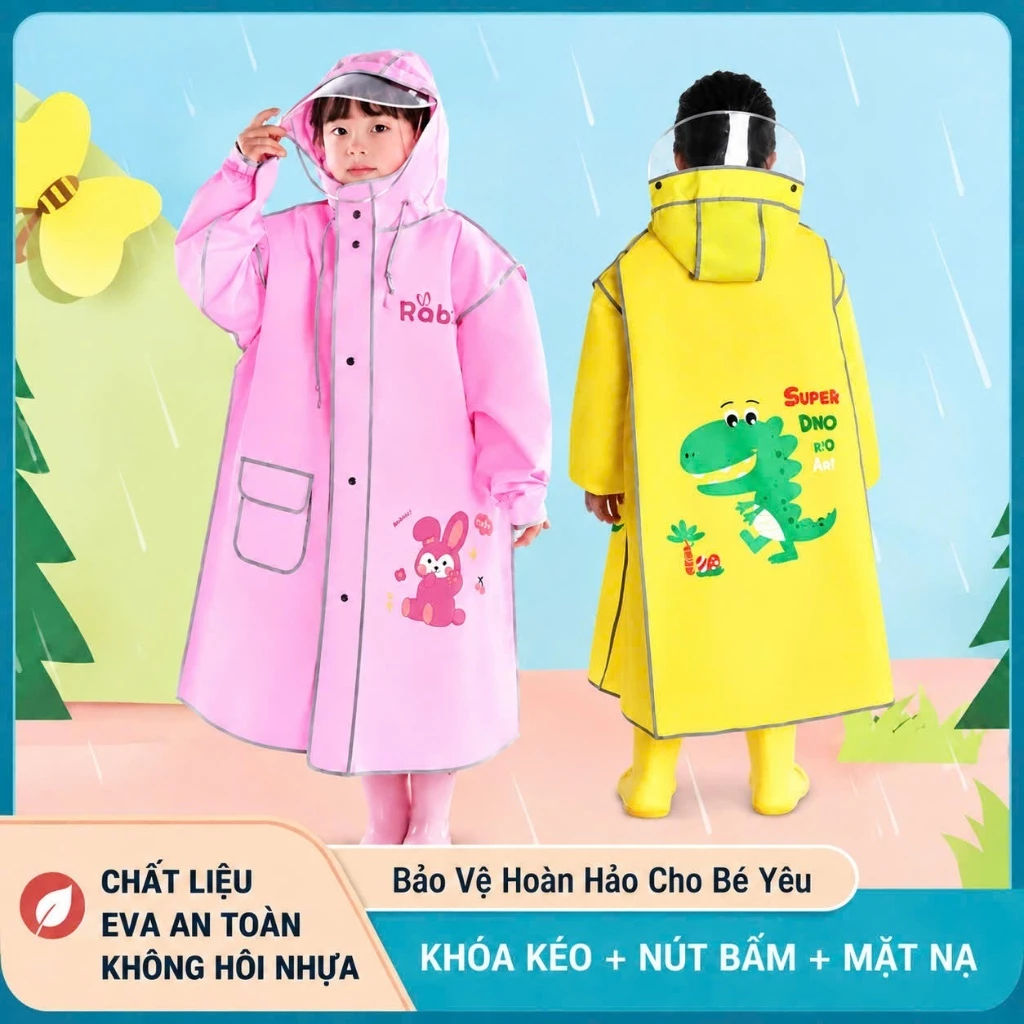Áo Mưa Trẻ Em EVA Chống Nước Hoạt Hình Dễ Thương Có Chỗ Để Cặp Sách Và Kính Chắn Nước Mưa, Khoá Kéo VÀ Cúc Bấm