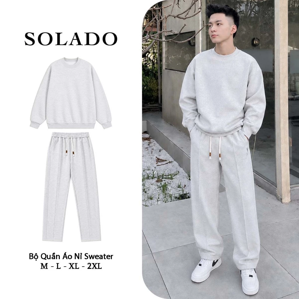 Bộ Quần Áo Nỉ SOLADO Nam Nữ Form Rộng Nỉ 2 Da Dày Dặn Phong Cách Streetwear AN1-QD01