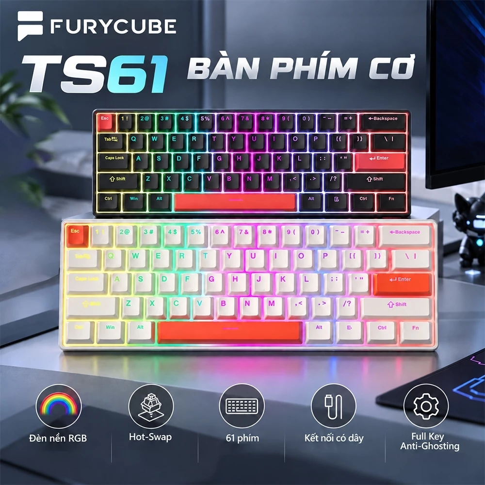 Bàn Phím Cơ Gaming FURYCUBE TS61 61 Phím Keyboard, RGB, Hotswap, Anti-Ghosting, Red/Blue Switch