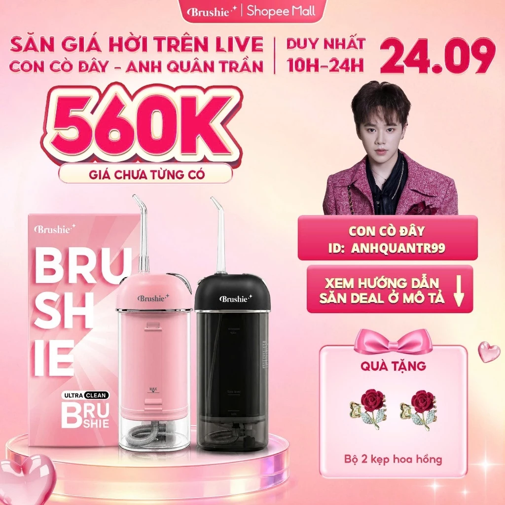 [GIÁ 560KK LIVE CON CÒ ĐÂY] Máy tăm nước Brushie ULTRA CLEAN gấp gọn flossie 16 chế độ làm sạch cho niềng răng KOC