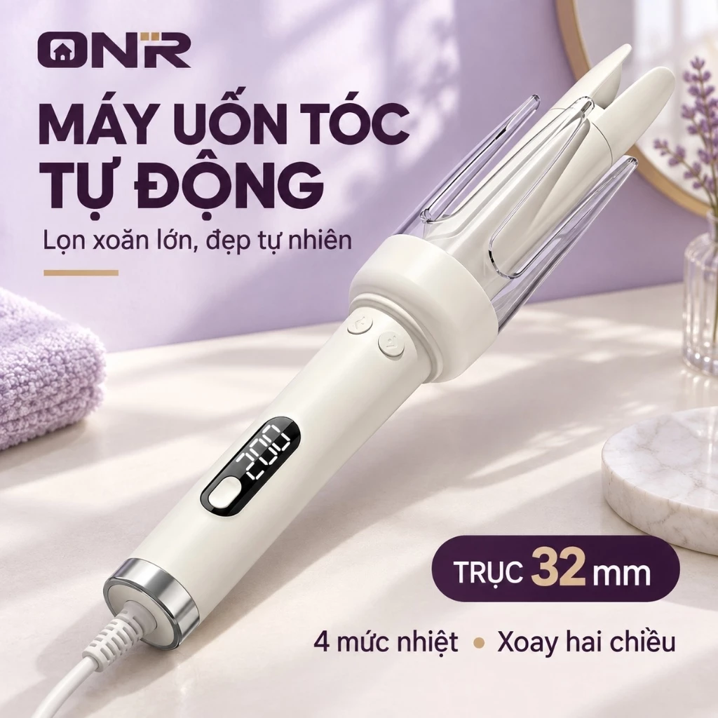 Máy Uốn Tóc Tự Động ONR 32mm, Xoay 2 Chiều, 4 Mức Nhiệt, Phủ Gốm Ion Âm, Tạo Lọn Xoăn Lớn