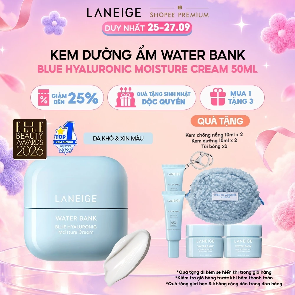 Kem Dưỡng Ẩm Sâu 100H Laneige Water Bank Blue Hyaluronic Moisture Cream 50ml (Da Thường và Da Khô)